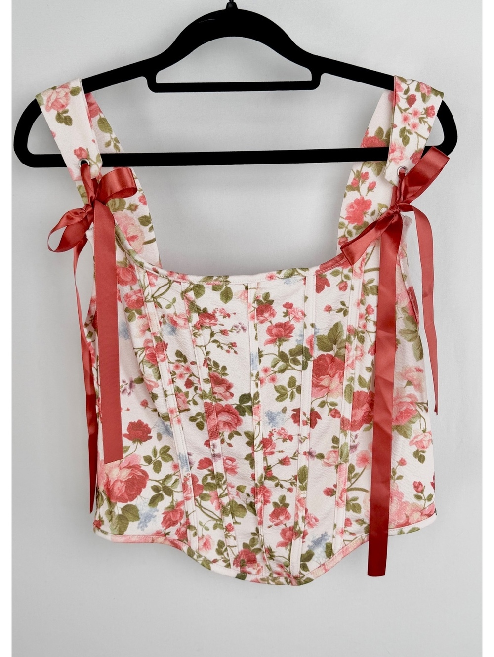 SHEIN Floral Corset Top Lace Up Ribbon Bow Coquette Size L